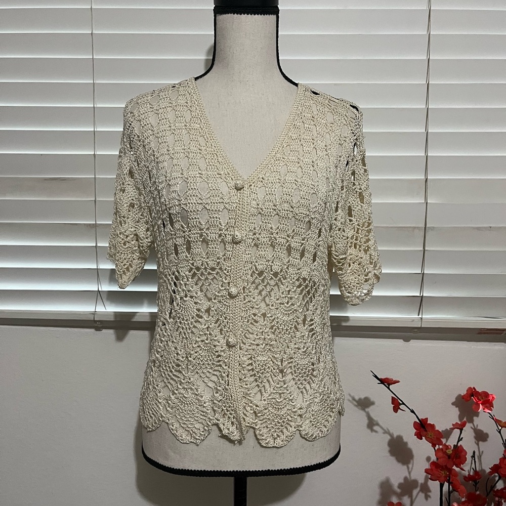 Crochet Button-Front Short Sleeve Top - Cream